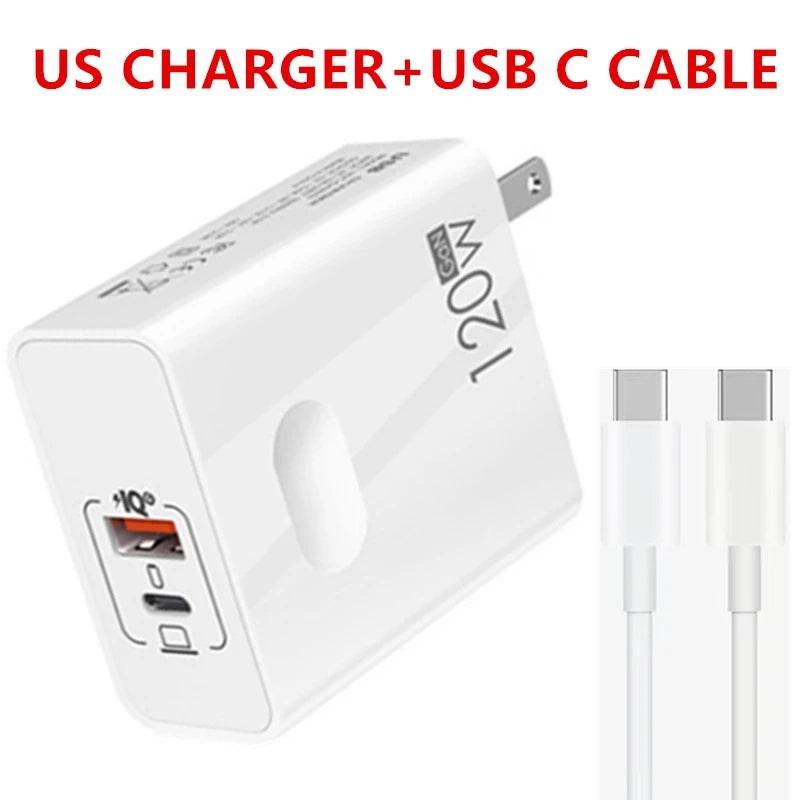 120W Fast Charger USB Type C PD Cable Fast Charging Quick Charge 3.0 Adapter