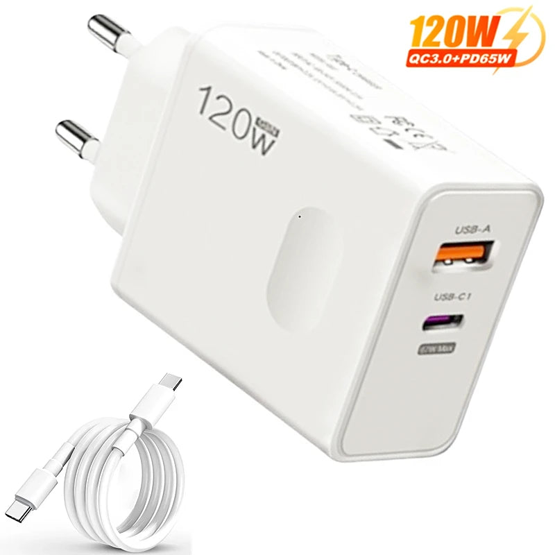 120W Fast Charger USB Type C PD Cable Fast Charging Quick Charge 3.0 Adapter