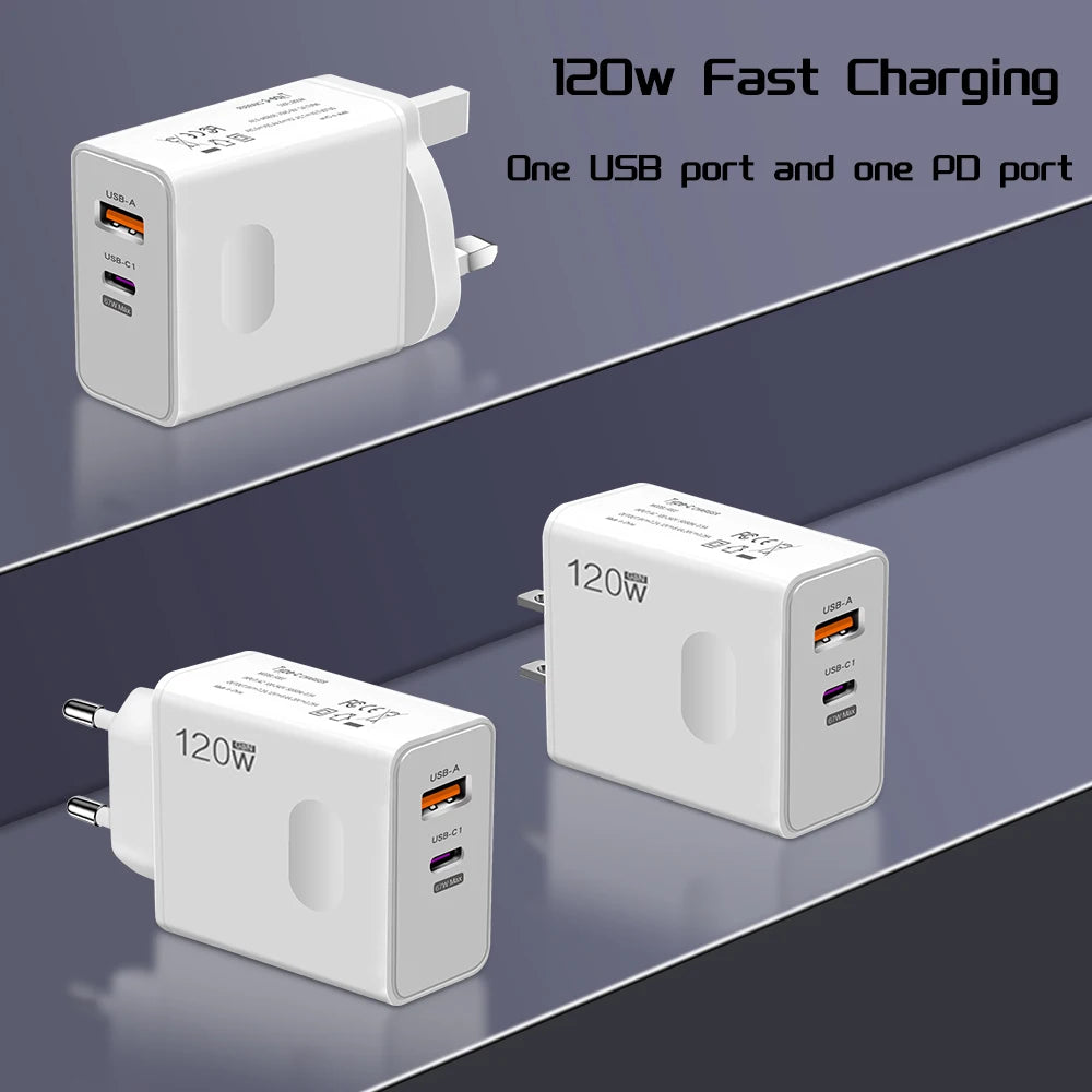 120W Fast Charger USB Type C PD Cable Fast Charging Quick Charge 3.0 Adapter