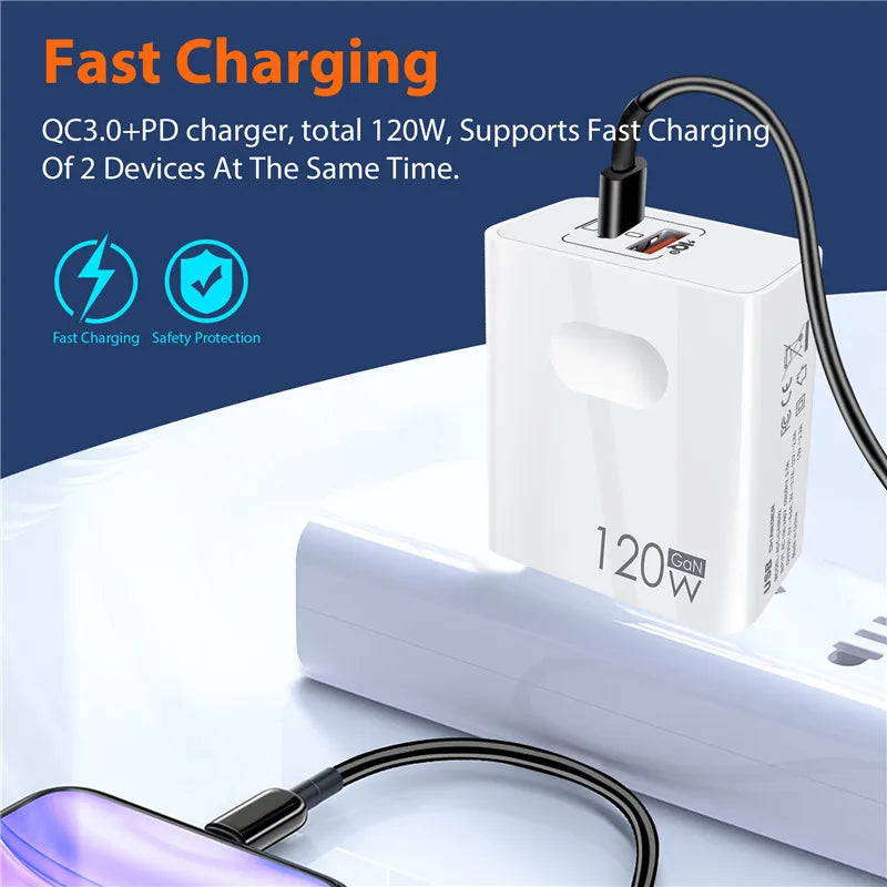 120W Fast Charger USB Type C PD Cable Fast Charging Quick Charge 3.0 Adapter